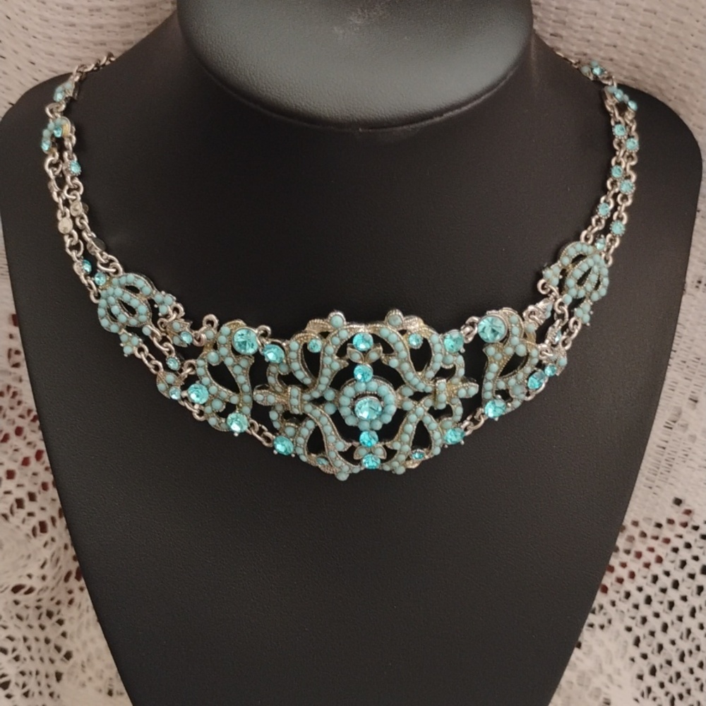 Filigree Victorian Style Chocker Neklace with Light Blue and Faux Turquoise